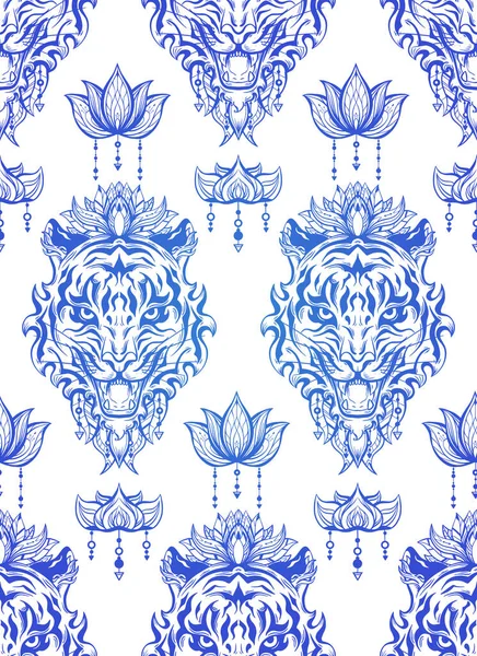 Vector Seamless Pattern Blue Silhouette Tiger Head Floral Ornament Texture — Stock Vector
