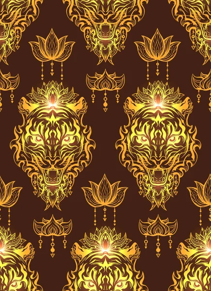 Vector Luxury Seamless Pattern Silhouette Tiger Head Floral Ornament Texture — Stock Vector