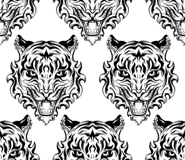 Vector Seamless Monochrome Pattern Silhouette Tiger Head White Background Texture — Stock Vector