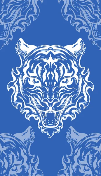 Seamless Monochrome Pattern White Silhouette Tiger Head Blue Background Vector — Stock Vector