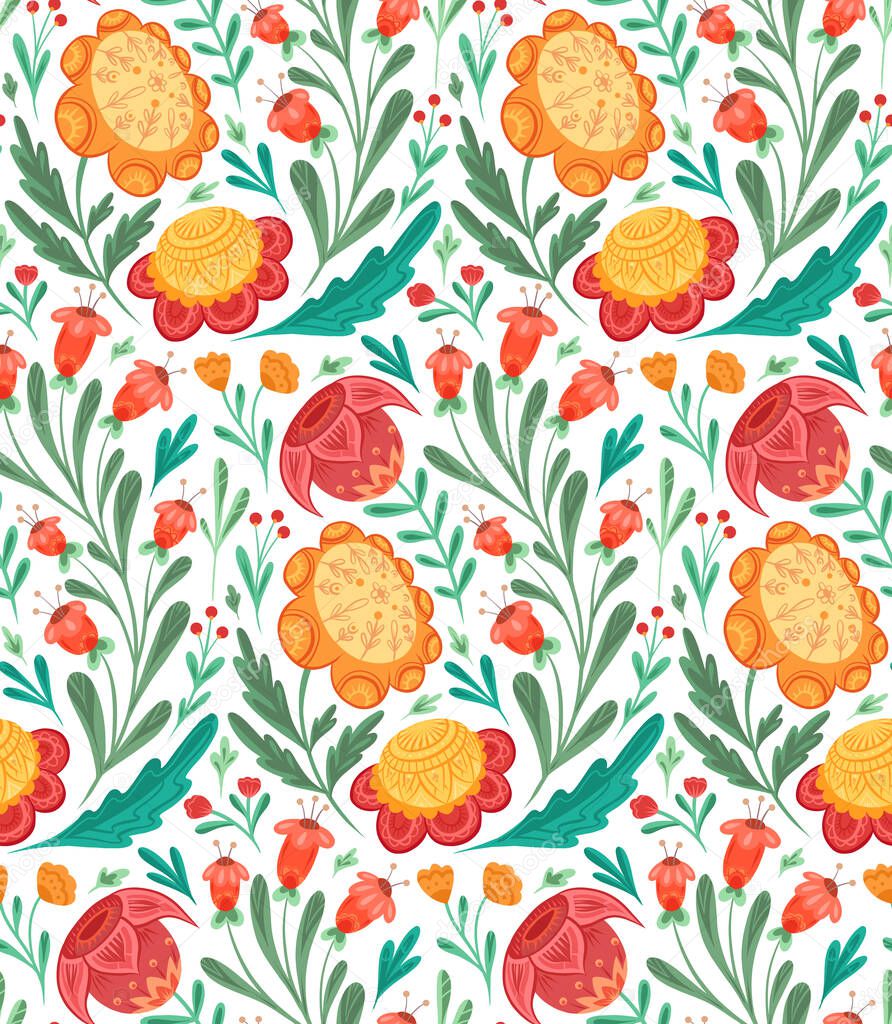 Seamless vector pattern with flowers with folk arts on white background. Texture with floral ornaments with naive decorations in flat hand drawn style. Natural fabric swatch with national decoration