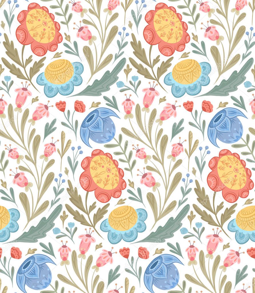 Seamless pattern with flowers with folk arts on white background. Vector botany texture with hand drawn floral ornaments with naive decorations. Tender natural fabric swatch with stems and leaves