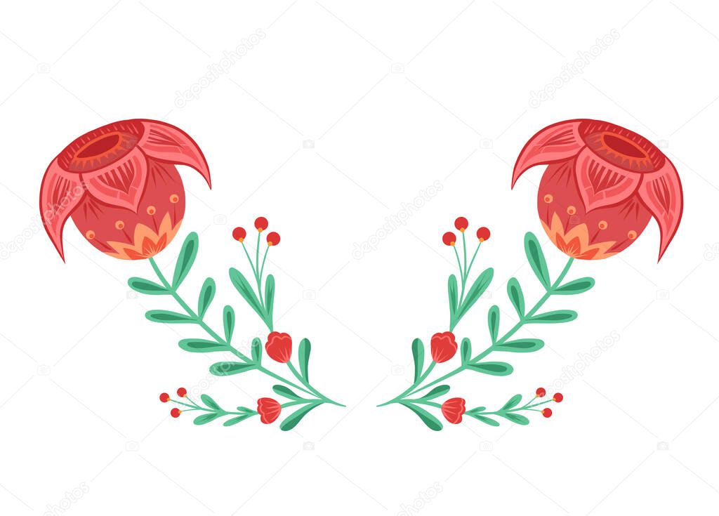 Vector clipart frame with red flowers on stems with folk arts isolated from background. Template with floral arrangement with naive ornaments. Natural border with tulips and berries for card