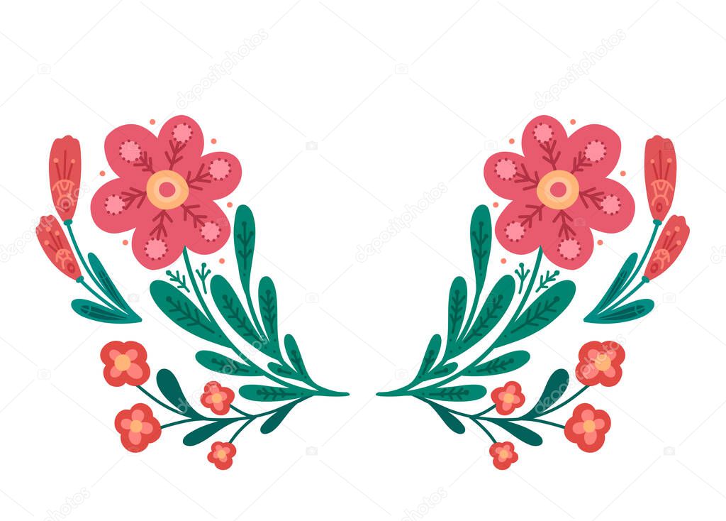 Vector clipart frame with red begonia and verbena with folk arts isolated from background. Template with floral composition with naive ornaments. Botany border with kosmeya, stems and copy space 