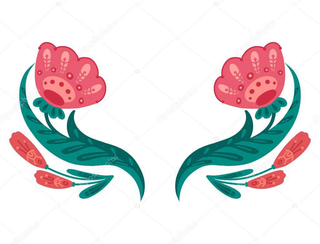 Vector clipart frame with red poppies on stems with folk arts isolated from background. Template with floral arrangement with naive ornaments. Natural border with tulips and copy space for card