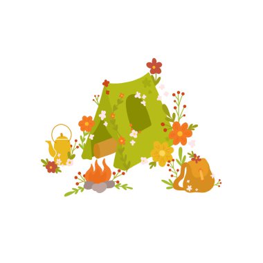 Beyaz arka planda yaz macerasının vektör klibi çizimi. Yürüyüşün parlak çocuk görüntüsü. Çiçek süslemeli çadır ve kamp ateşi. Yaz tatili. Çiçekli bir kamp.