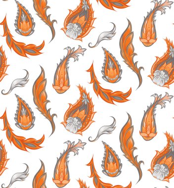 Kusursuz desenli, kabile desenli ve beyaz arka planda yaprakları var. Duvar kâğıdı için buta ve çiçek süsü içeren vektör boho dokusu. Yapraklı ve yerel dekorasyonlu kumaş parçası