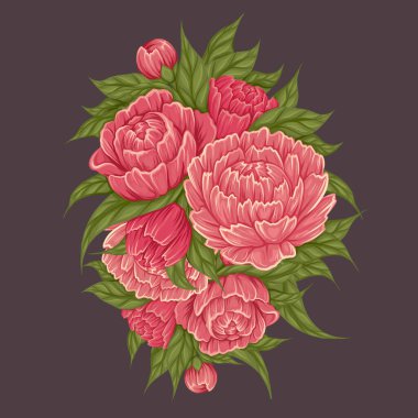 Gri arka planda yeşil yapraklı şakayık çiçeklerinin vektör çizimi. Doğal çiçek buketinin resmi. Pankart ve pankart için botanik ortamı