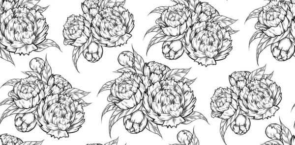 Векторный Бесшовный Рисунок Наброском Пионов Белом Фоне Ботаническая Текстура Рисунком — стоковый вектор