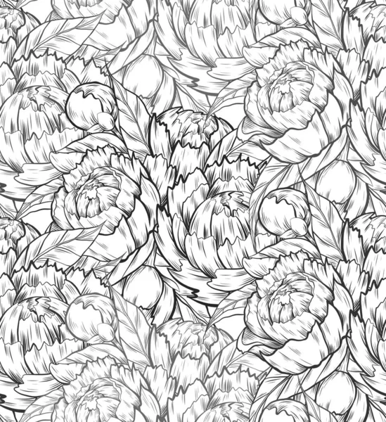 Векторный Бесшовный Рисунок Монохромным Наброском Иллюстрации Пионских Цветов Листвой Вылуплением — стоковый вектор