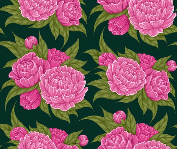 Motif Vectoriel Sans Couture Avec Des Fleurs Pivoine Luxuriantes Dessin — Image vectorielle