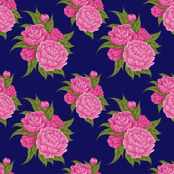 Modello Senza Cuciture Con Cartoni Animati Lussureggianti Fiori Peonia Con — Vettoriale Stock