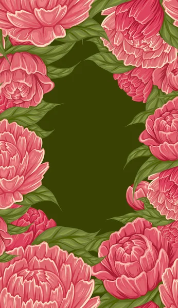 Vector Rectangle Frame Bush Cartoon Peony Flowers Foliage Copy Space — Stock Vector