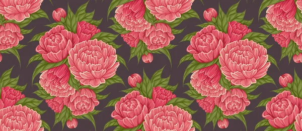 Modèle Rétro Sans Couture Avec Buisson Dessin Animé Fleurs Pivoine — Image vectorielle