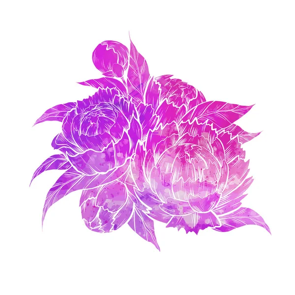 ピンク色の水彩を背景にした牡丹の花のベクトルイラストのシルエット 背景から隔離された輪郭の自然な花の花束の一部 ステッカーやカードの画像 — ストックベクタ