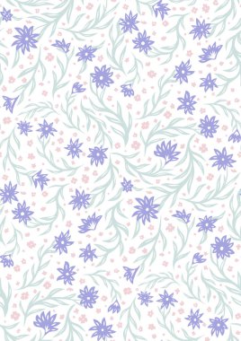 Beyaz arka planda küçük, narin, mor ve pembe çiçekleri olan kusursuz bir desen. Kumaşlar için Ditsy ile doğal doku. Kibar çiçekli duvar kâğıdı.