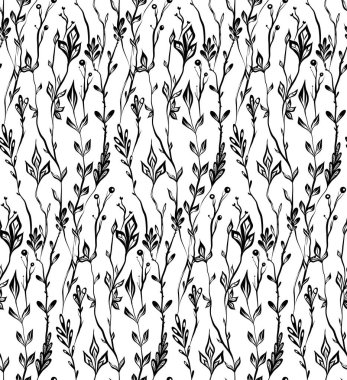 Çapraz dalları, otları ve sapları olan tek renkli vektör deseni. Kumaşlar için siyah ve beyaz doğal siluetleri olan botanik doku.