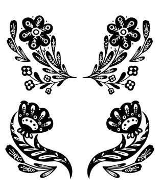 Köklü ve kökü folklorik süslemeli tek renkli vektör klima çerçeveleri. Saf süslemelerle siyah çiçek aranjmanlı kırsal şablonlar. Ulusal dekorasyonla doğal sınırlar