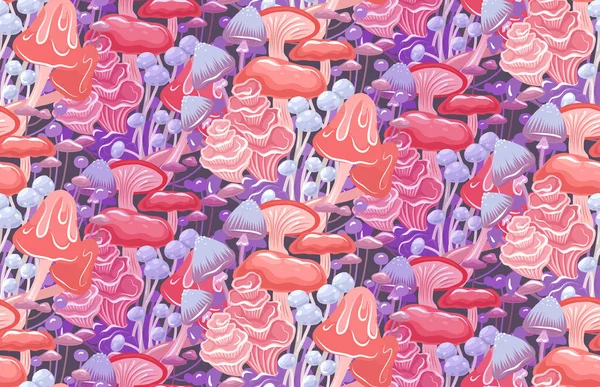 Magic Seamless Pattern Tight Psychedelic Mushrooms Dark Violet Vector Texture — Stock vektor