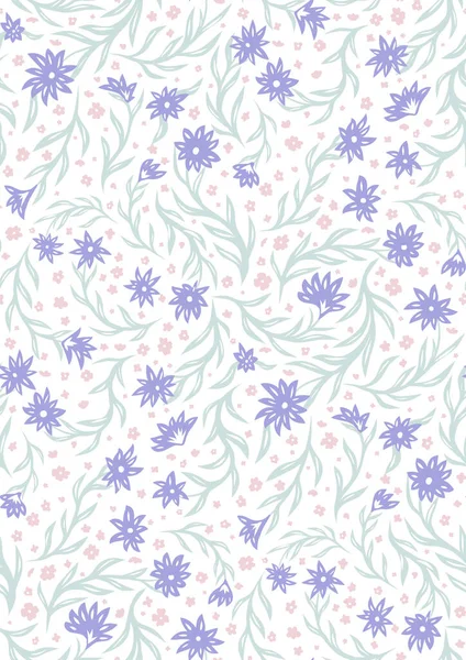 Vector Seamless Pattern Delicate Small Purple Pink Flowers Stems White — Stok Vektör