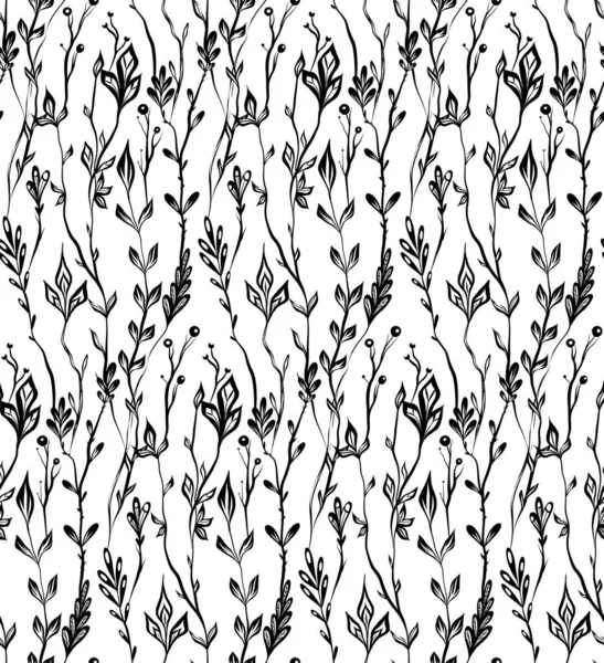 Monochrome Vector Pattern Interlacing Branches Herbs Stems Botanical Texture Black — 스톡 벡터