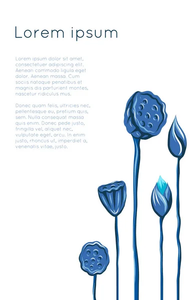 Vector Card Blue Lotuses Stems Copy Space Botanical Banner Buds — Stock Vector