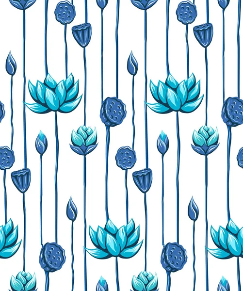 Seamless Vector Pattern Blue Lotuses Stems Botanical Texture Buds Flowers — Stock Vector