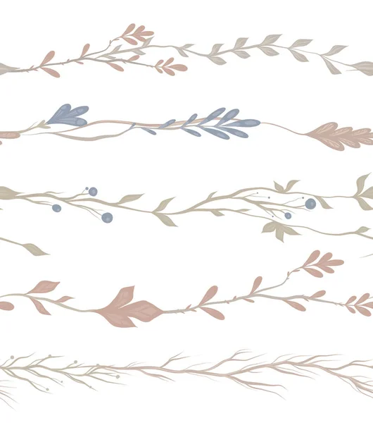 Vector Set Seamless Herb Borders Brush Set Twigs Flowers Isolated — Image vectorielle