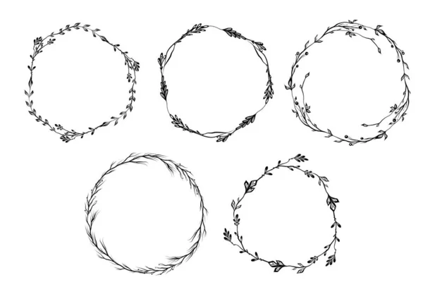 Vector Set Black Silhouette Circle Herb Borders Monochrome Frame Collection — ストックベクタ
