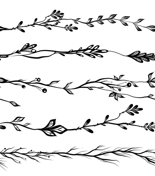 Vector Set Monochrome Seamless Herb Borders Brush Set Black Silhouette — Stock vektor