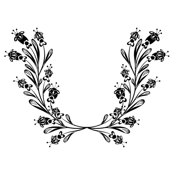Vector Monochrome Clipart Frame Small Flowers Stems Folk Ornaments Template — Stock vektor