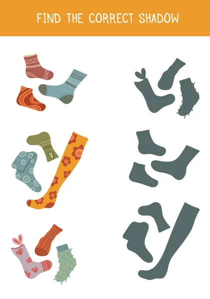 Find Correct Shadow Vector Children Educational Game Various Cartoon Socks — Vector de stock