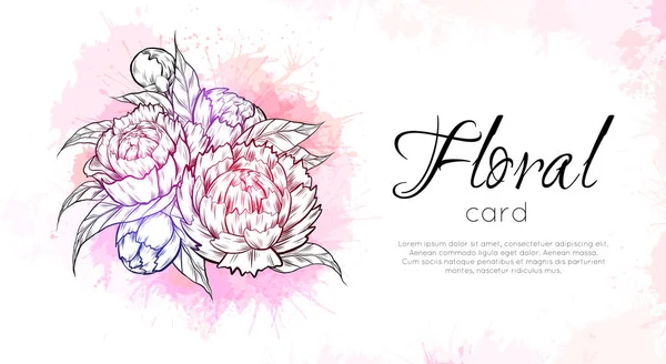 Vector Horizontal Card Sketch Peony Flowers Pink Watercolor Splashes Copy — Wektor stockowy