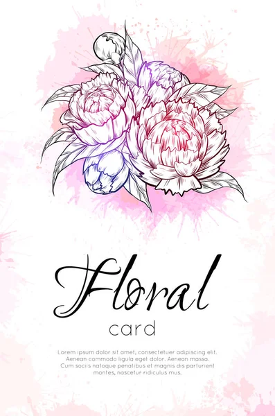 Vector Vertical Card Contour Peony Flowers Pink Watercolor Splashes Copy — Stockvektor