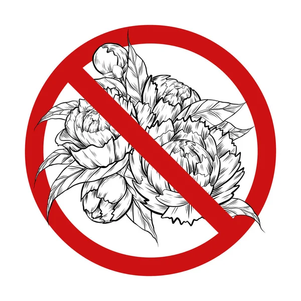 Vector Forbidden Sign Sketch Lush Bush Peonies Leaves Allergy Danger — Vettoriale Stock