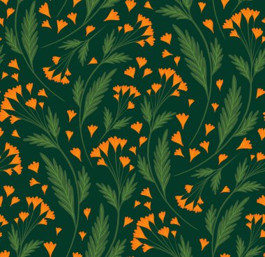 Koyu yeşil arka planda yeşillik ve yapraklar üzerinde takvim çiçekleri olan vektörsüz desen. Bitki süsü. Botanik çiçek dokusu. Küçük portakal çiçekleri ve yapraklarla kumaş örnekleri