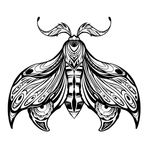 Vektorová Kresba Tetování Můry Monochromatická Kresba Můry Ornamentem Hmyz Křídly — Stockový vektor