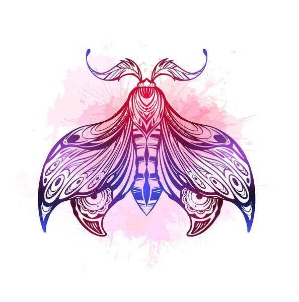 Vector Neon Drawing Moth Tattoo Pink Violet Watercolor Splashes Illustration — Stock Vector