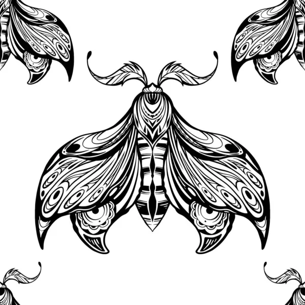 Vector Seamless Pattern Drawing Moth Boho Decoration Monochrome Texture Night — Stock Vector