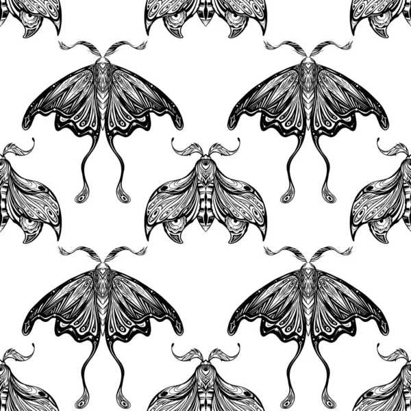 Vector Seamless Pattern Drawing Night Butterfly Boho Decoration Row Monochrome — Stock Vector