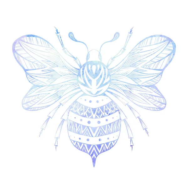 蓝色水彩蜂画 蜂蜜蜜蜂的矢量彩绘 装饰精美 有翅膀的昆虫 带有白色布娃娃饰物 与背景无关 用于贴纸 — 图库矢量图片