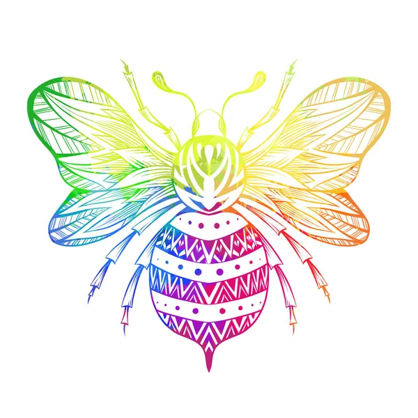 Vector Tekening Van Regenboog Aquarel Bij Kleurrijke Tekening Van Honingbij — Stockvector