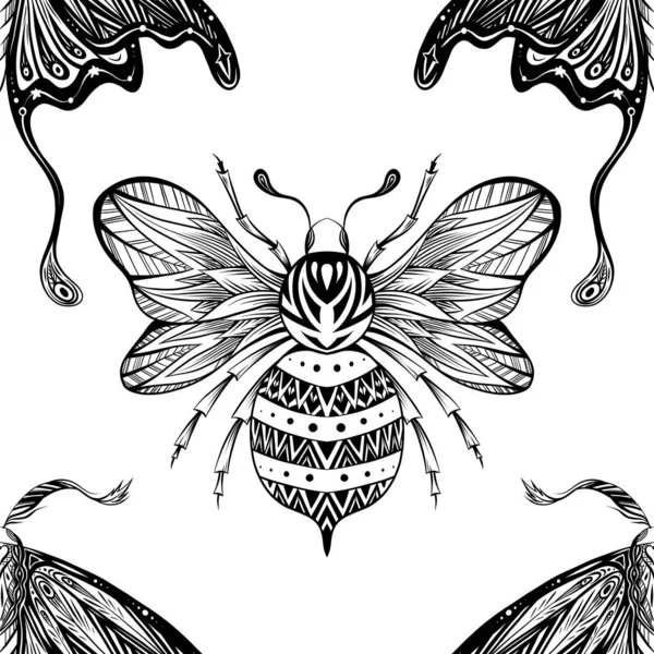 矢量无缝图案与画蜂和夜间蝴蝶与Boho装饰 单色质感与蛾和大黄蜂与示踪装饰 白色背景的昆虫织物短袜 — 图库矢量图片