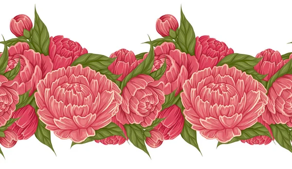 Bordure Sans Couture Vectorielle Avec Des Fleurs Pivoine Dessin Animé — Image vectorielle