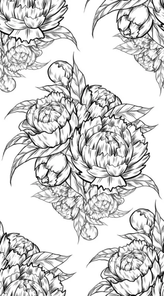 Vector Seamless Monochrome Pattern Sketch Bunch Lush Peonies White Background — Stock Vector
