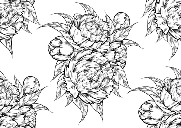Бесшовный Монохромный Рисунок Наброском Кучи Пионов Белом Фоне Векторная Ботаническая — стоковый вектор