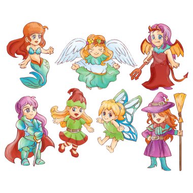 Bir grup çocuk peri masalı gibi kostüm, çizgi film karakteri tasarımı renk çizimi illüstrasyonu gibi.