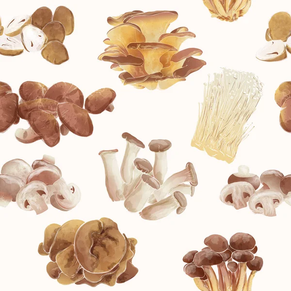 Set Edible Mushroom Seamless Wallpaper Background Vintage Watercolor Vector Illustration — Stock Vector
