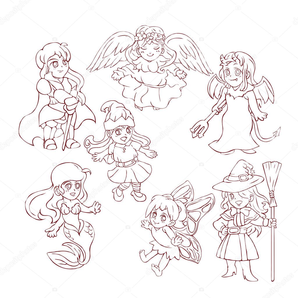 Group of kids cosplay like fairy tale, cartoon character design sketch outline vector illustration.