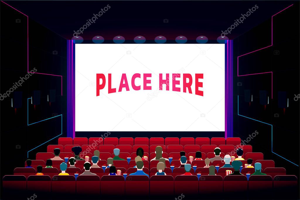 Cinema theater hall graphic vector illustration with more crowd people sitting on the chair